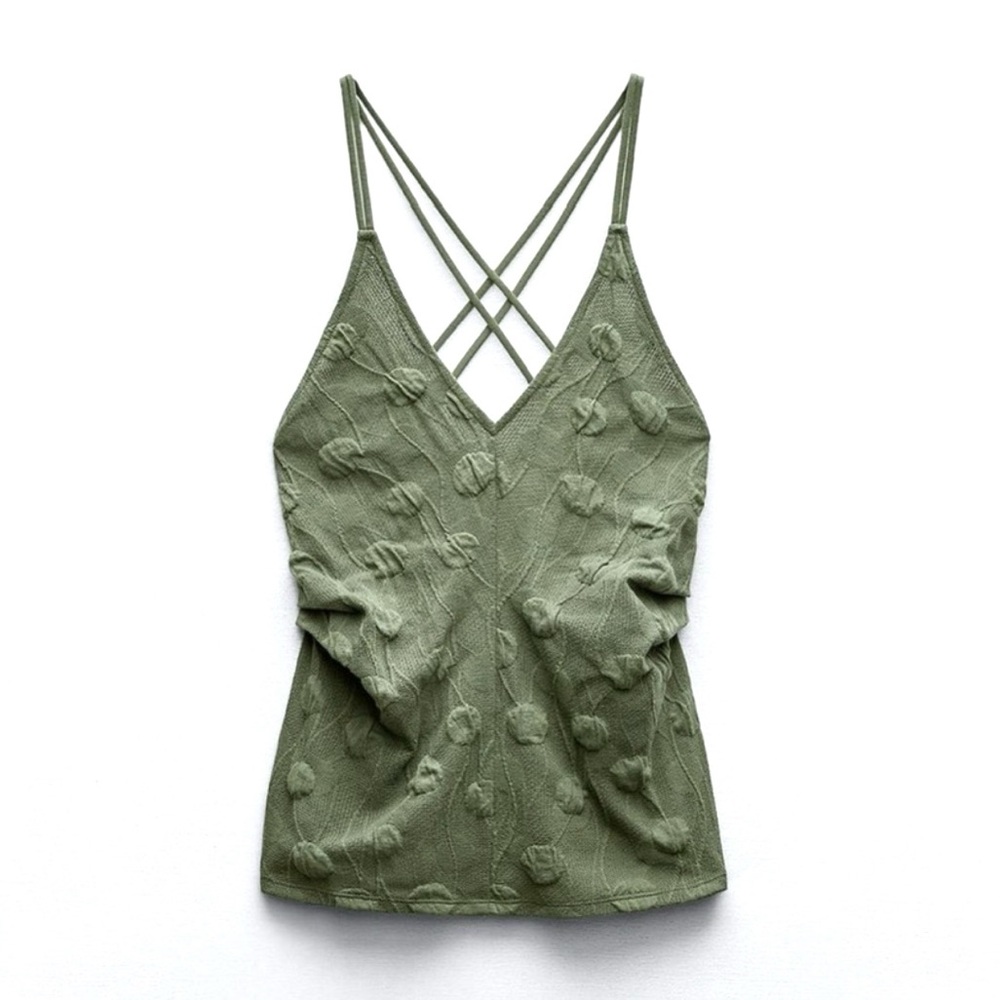 Zara Green Khaki Textured Knit Backless Tank Top Size M